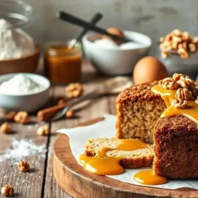 Descubra como preparar uma Receita de Bolo de Nozes com Calda de Caramelo
